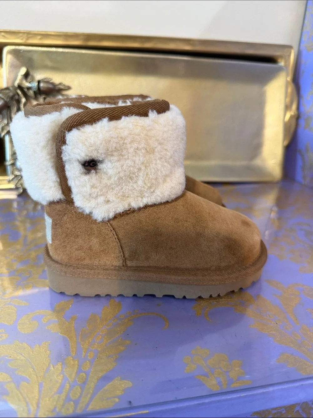 UGG Chestnut Suede Shearling Cuff Kids Slippers